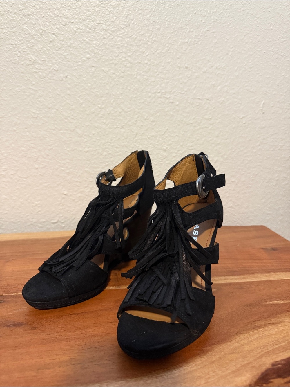 Black Fringe Suede Wedge Sandals with Ankle Strap